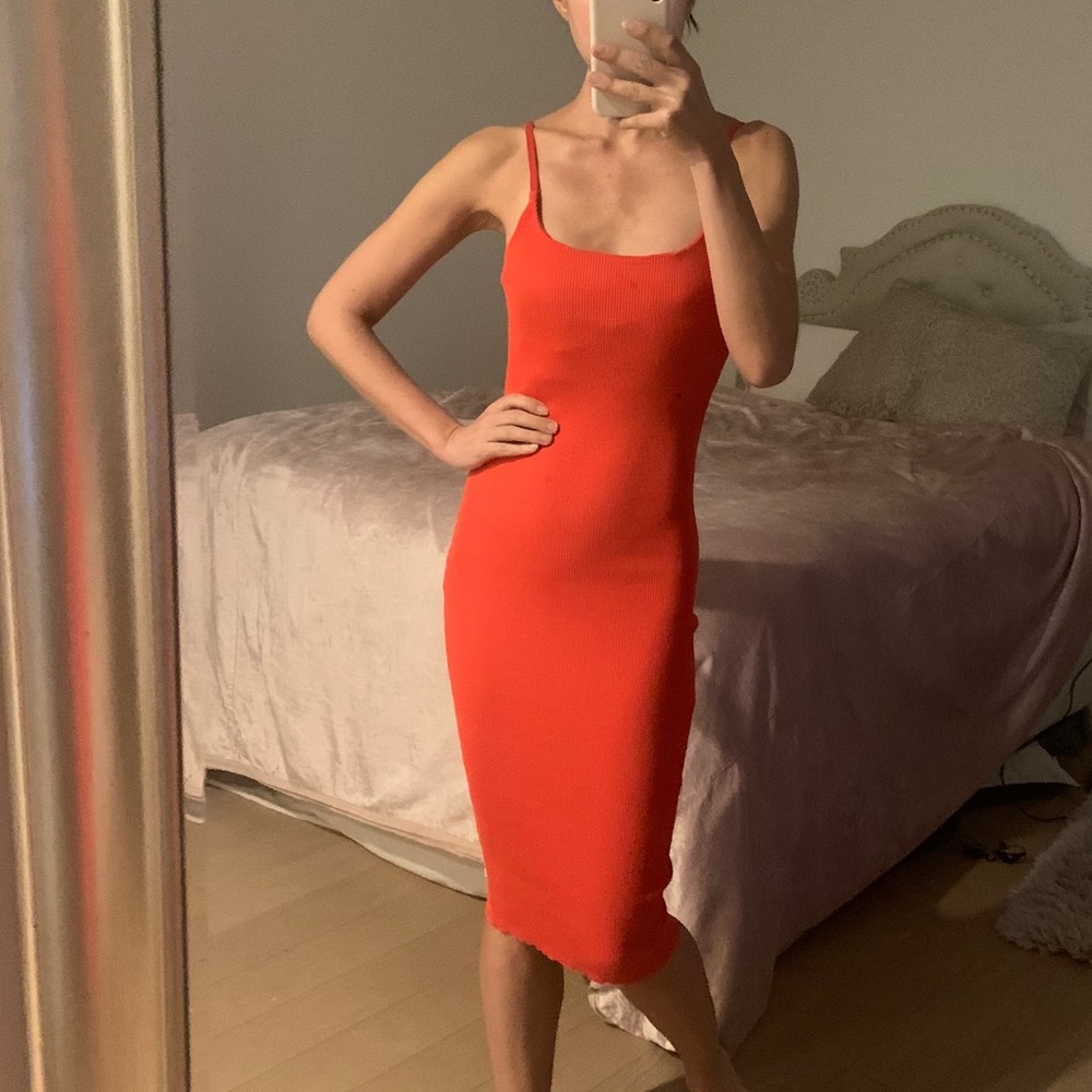 Red body con dress